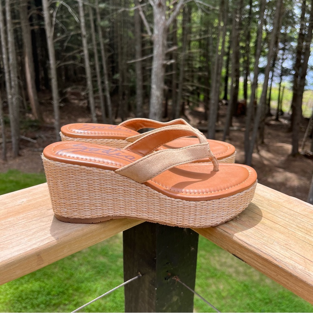 Zodiac Tan Straw Wedge Sandals Platform
